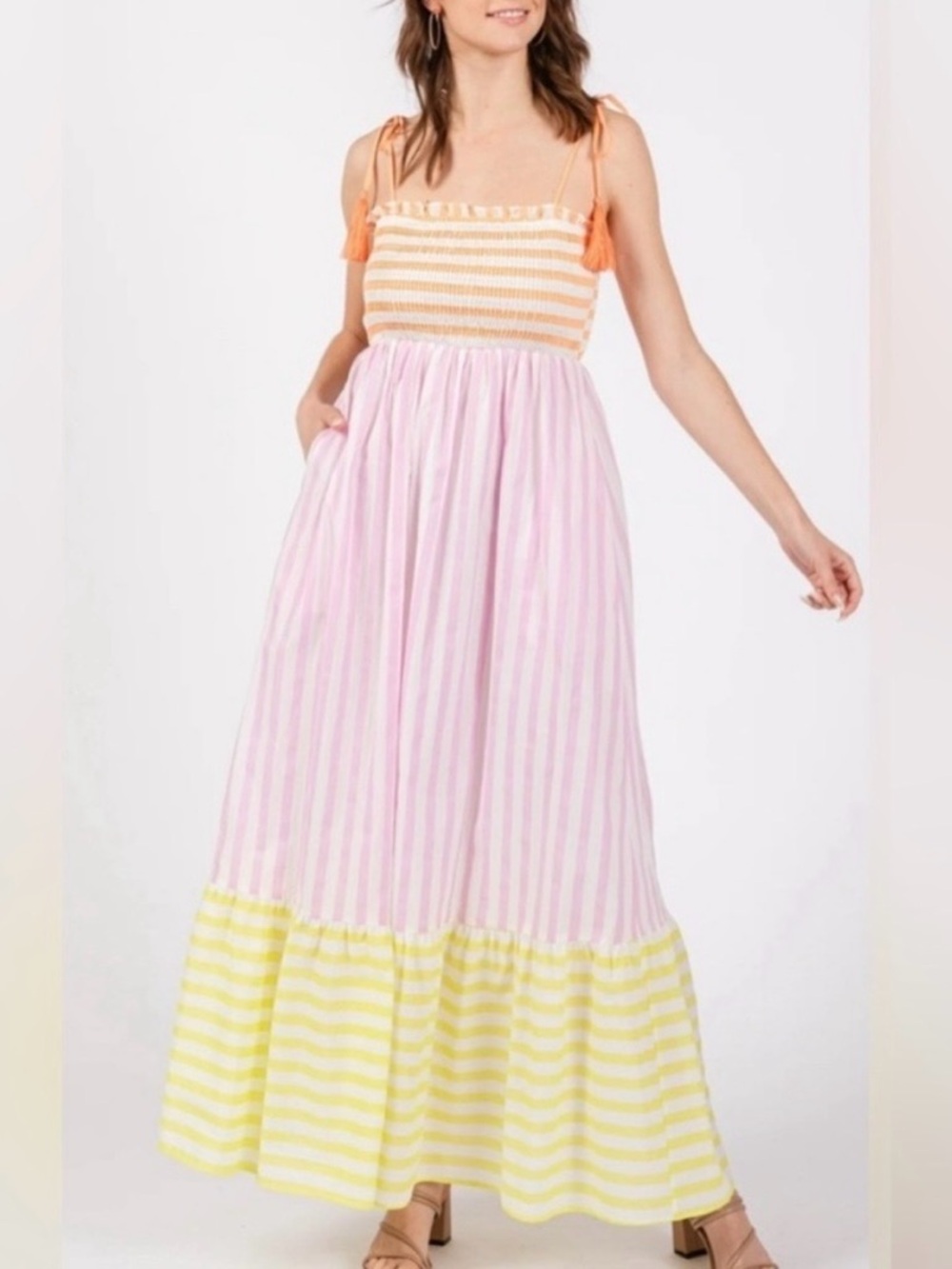 NWT - Le February' Pastel Striped Maxi Dress with Tie Straps size L